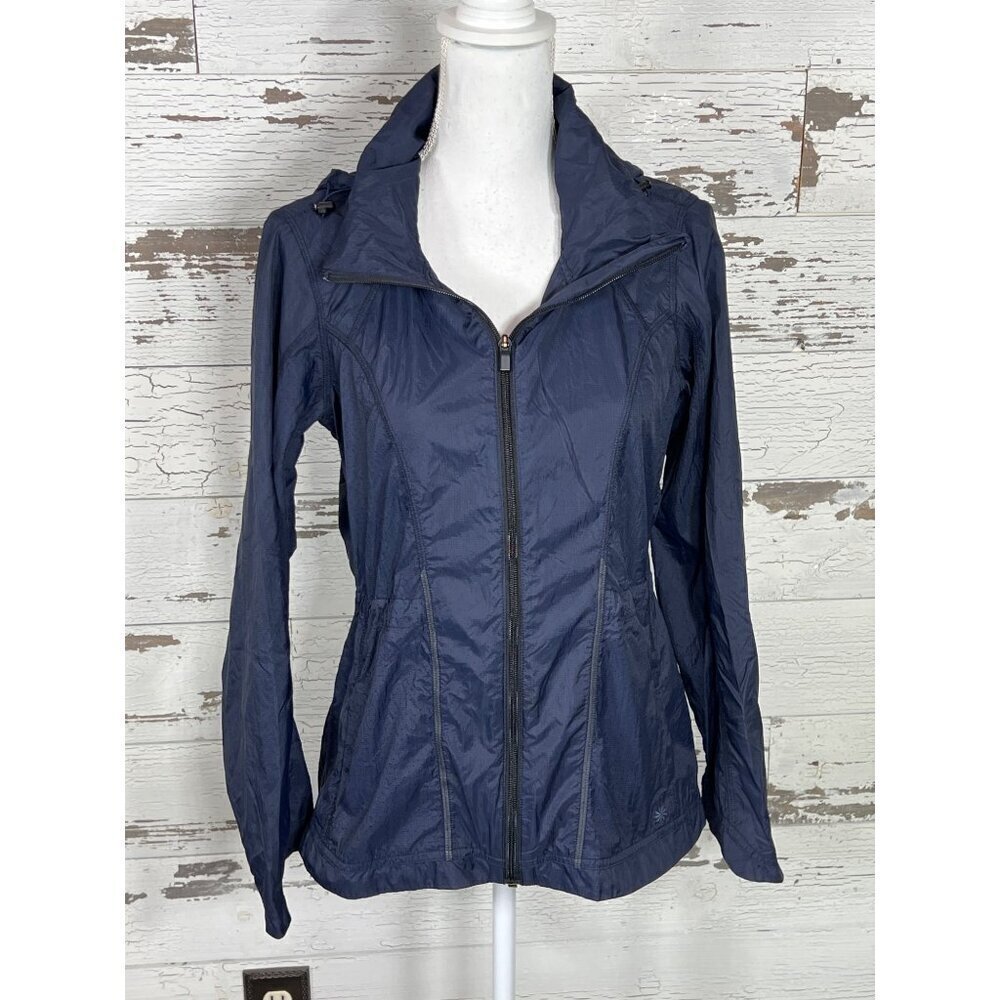 ATHLETA Lightweight Windbreaker Jacket Stowable Hood Navy XS EUC
